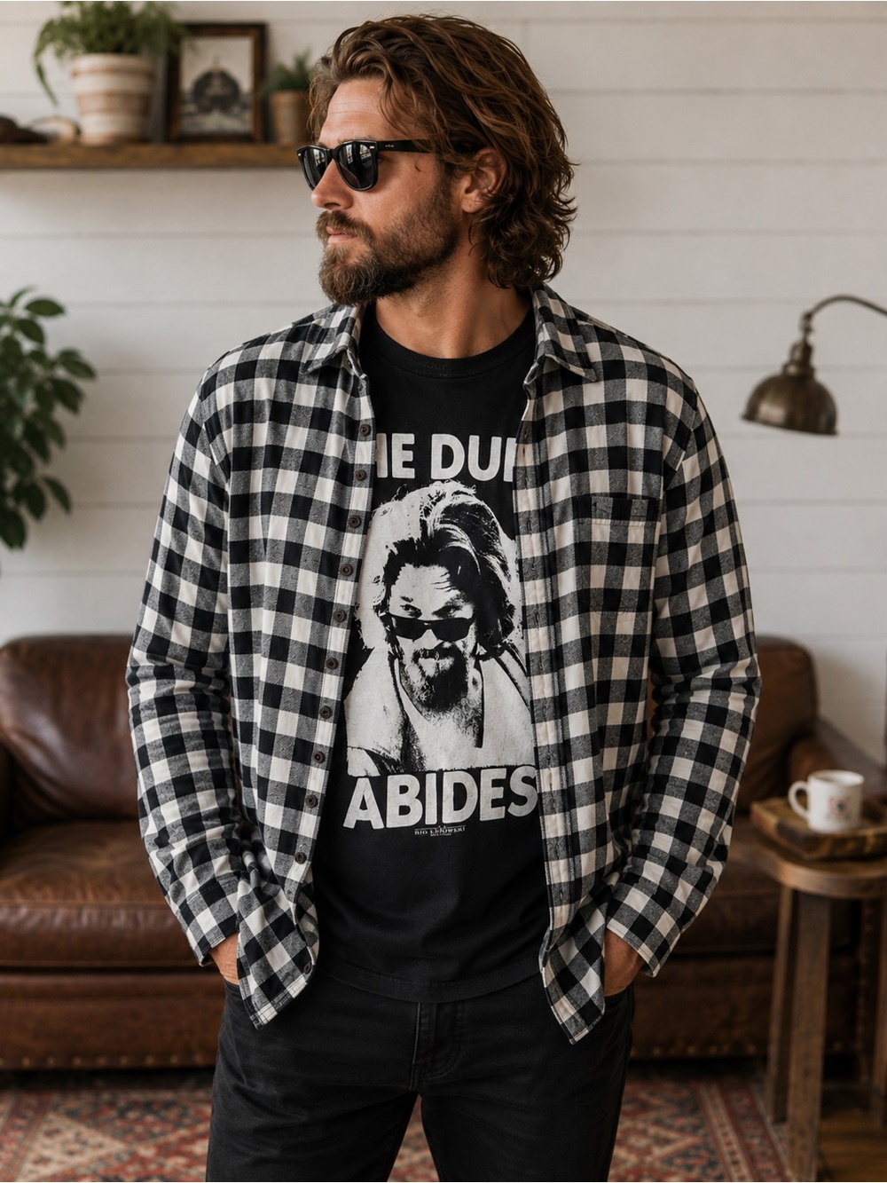 The Big Lebowski “The Dude Abides” Graphic T-Shirt & Plaid Flannel Set XL